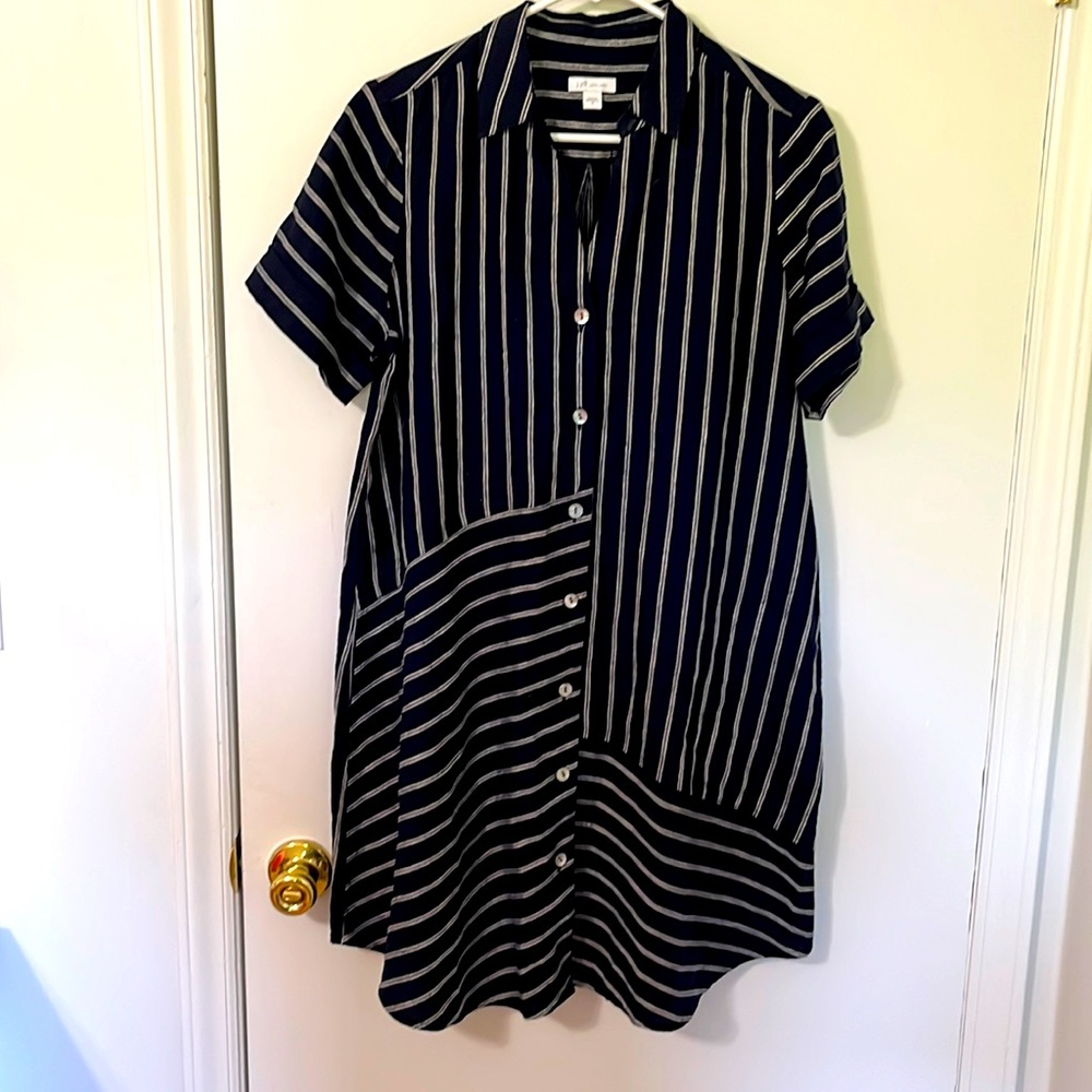 Jjill Love linen dress, size S, navy with white stripes